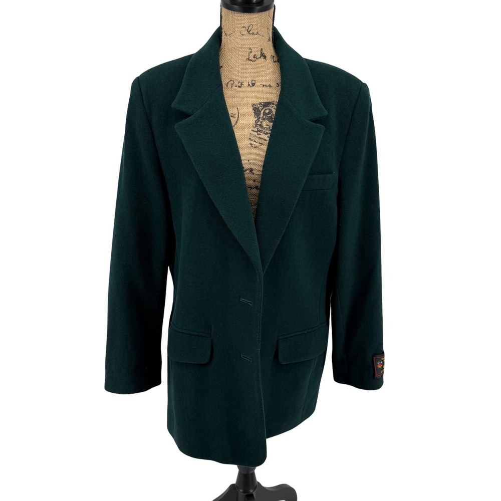 Vtg Wool Cashmere‎ Blend Blazer Dark Green Women 16 Pea Coat Single Breasted